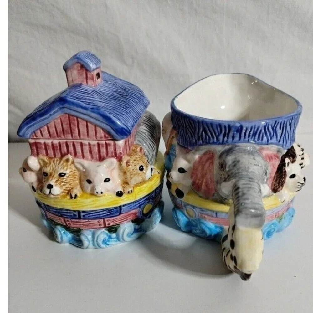 Jay Import Noahs Ark Ceramic Creamer and Sugar Bowl Set Elephant Handle Multi